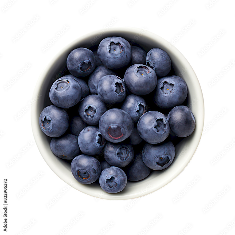 A bowl of fresh blueberries viewed from above. The blueberries are plump and juicy, with a deep blue color. The bowl is white and the background is a simple black.