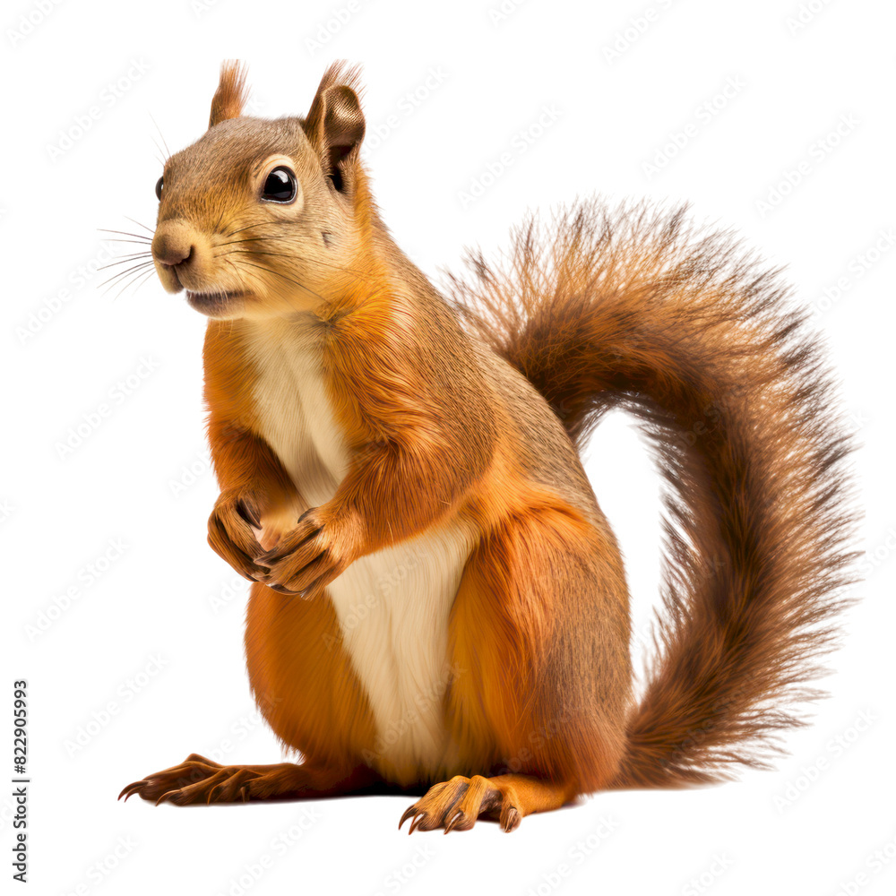 Obraz premium A cute red squirrel with bushy tail, standing on all fours, looking directly at the camera.