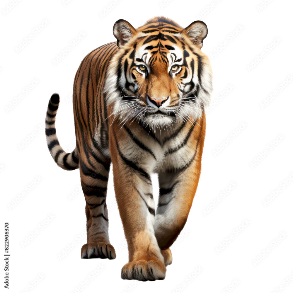 A majestic tiger with striking orange and black stripes walks towards the camera with a confident gaze.