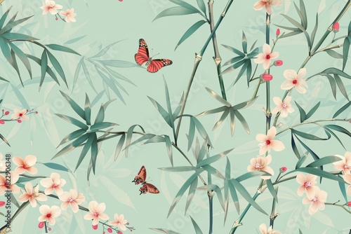 Seamless Pattern with Bamboo Shoots, Orchids, and Butterflies © Thi