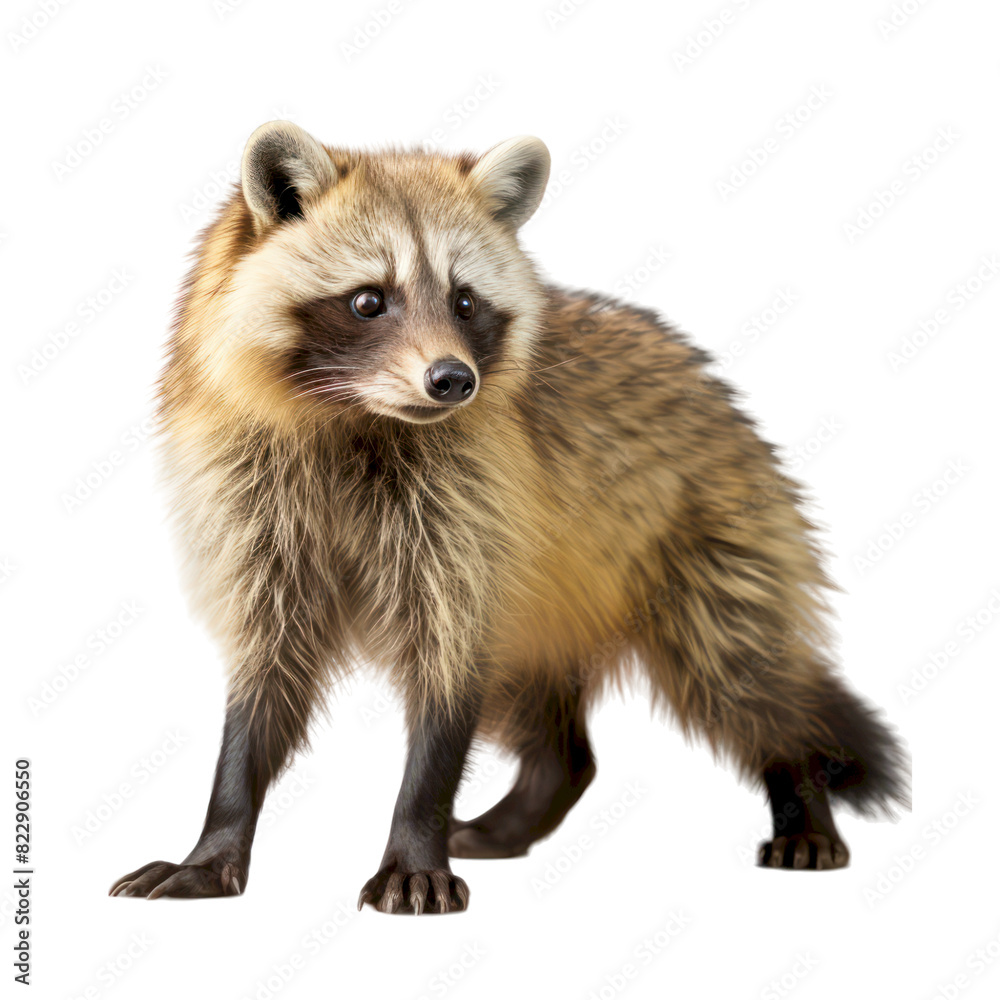 A raccoon stands on a black background, looking to the side with a curious expression. Its fur is brown and grey, and its eyes are black. A raccoon stands on a black background, looking to the side with a curious expression. Its fur is brown and grey, and its eyes are black.
