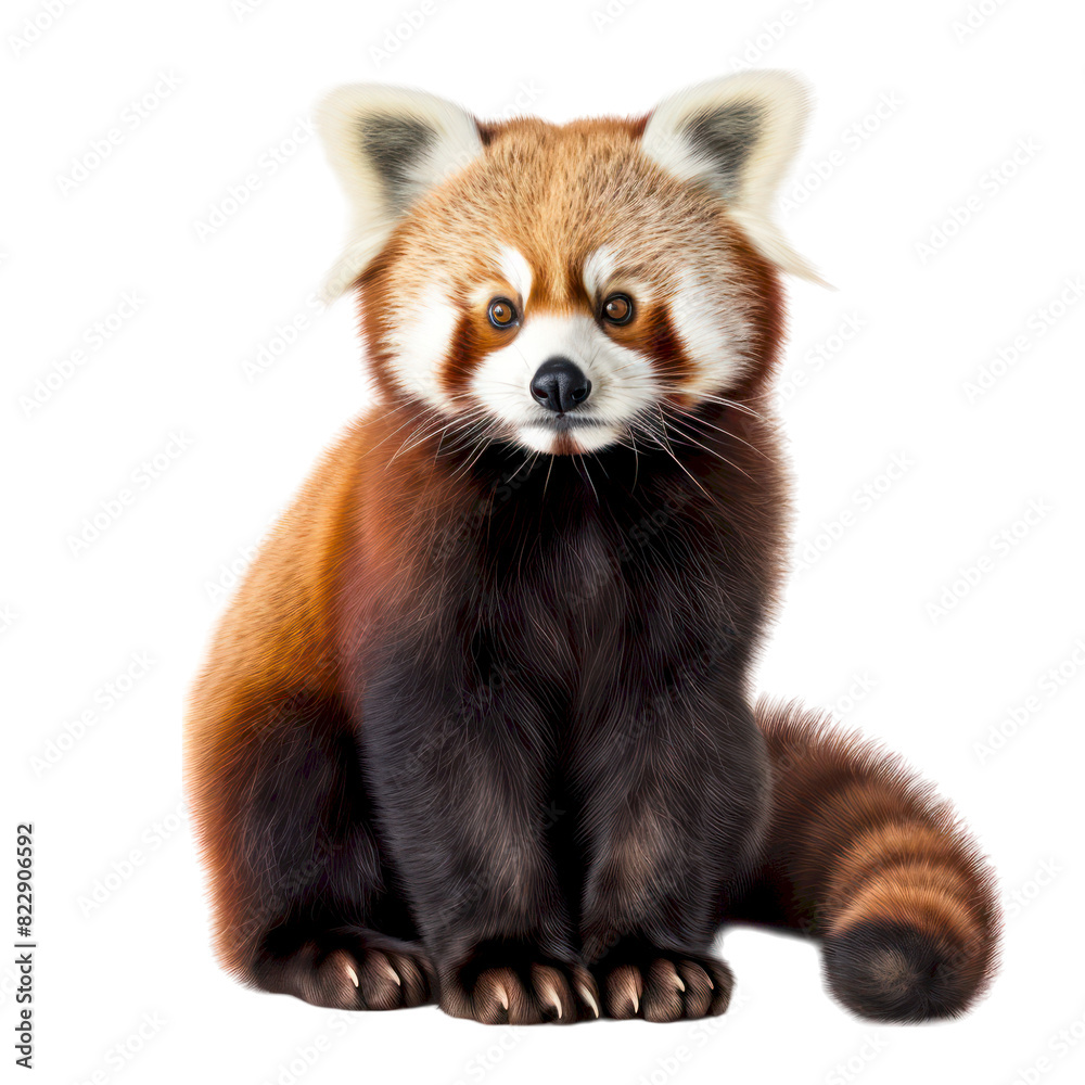 A red panda sits with its paws tucked underneath, looking directly at the camera. The animal has a fluffy tail and large ears. A red panda sits with its paws tucked underneath, looking directly at the camera. The animal has a fluffy tail and large ears.