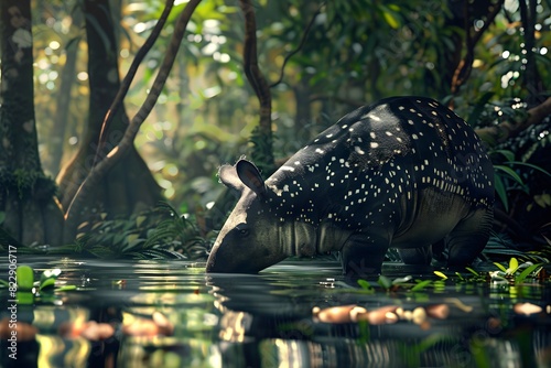 a tapir is drinking water in a river