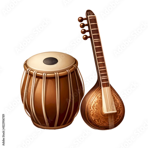 A tabla drum and a sitar, traditional Indian musical instruments, isolated on a black background.