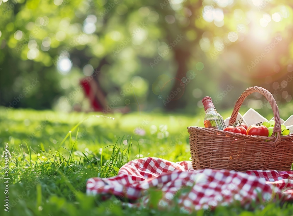 Picnic setup with a red checkered blanket and a basket full of food and drinks on green grass in the park. Picnic setup with a red checkered blanket and a basket full of food and drinks on green grass in the park.