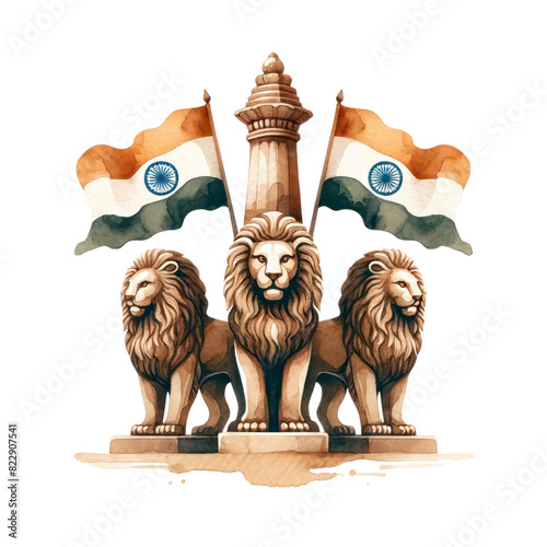 Three lions stand guard beneath an Indian flag and a tall pillar.