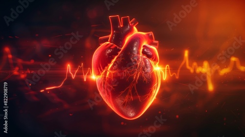 Realistic depiction of a beating heart with electrical impulses traveling through the cardiac conduction system, regulating heartbeat. Cardiology concept. World Blood Donor Day.