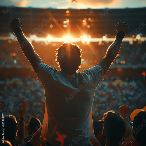 Fans at a stadium cheering and raising arms, with a stunning sunset background. An exhilarating moment of victory and celebration in sports. photo