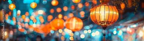 Festive string of illuminated lanterns in a night market, creating a warm and colorful ambiance with vibrant lights and bokeh effect. photo