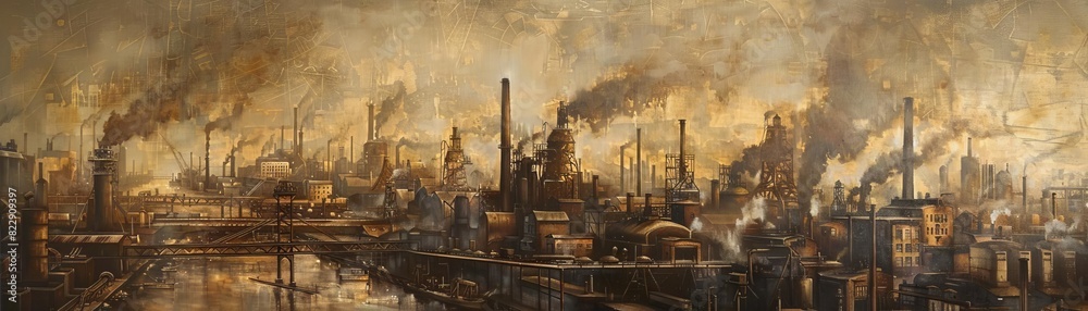 Industrial skyline with multiple factories releasing smoke and pollution, depicting environmental impact and urban industrialization.