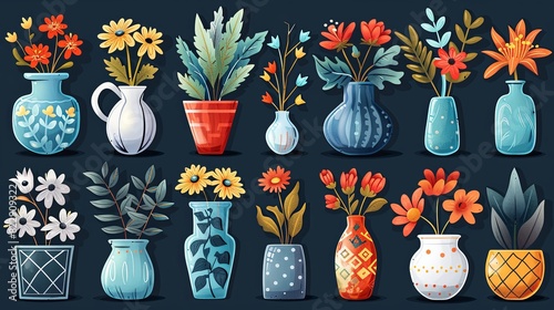 Collection of various abstract plants in geometric vases. Different types of flower bouquets vector illustration large set in cartoon groovy funky style. Spring, summer floral elements stickers bundle