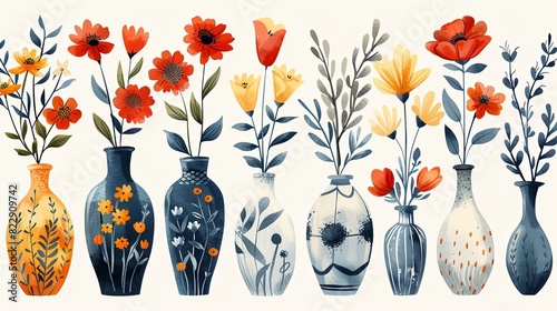 Collection of various abstract plants in geometric vases. Different types of flower bouquets vector illustration large set in cartoon groovy funky style. Spring, summer floral elements stickers bundle photo