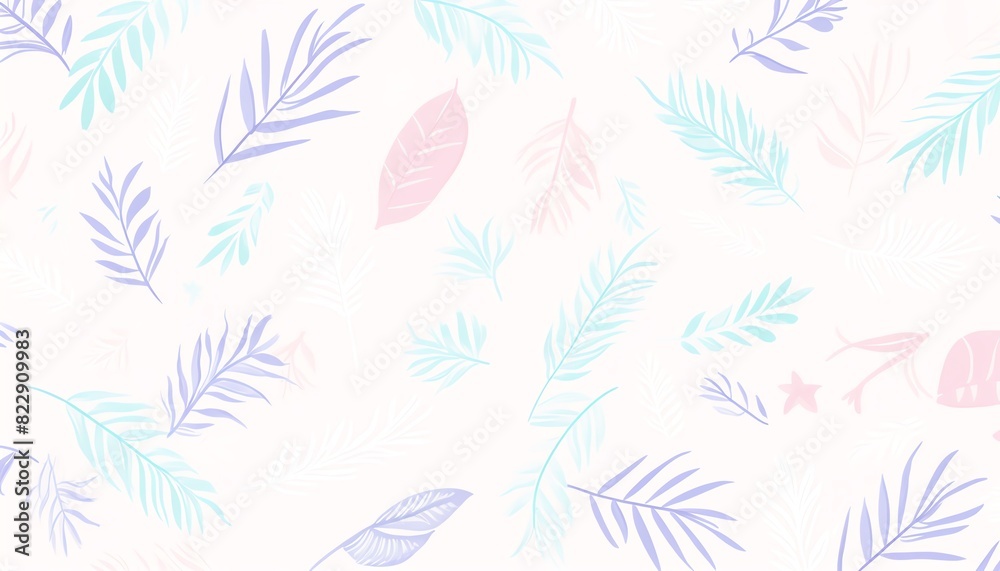 Elegant seamless pattern featuring pastel-colored leaves in pink, blue, and purple on a light background, perfect for digital and print designs.