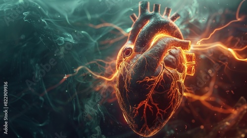 Realistic depiction of a beating heart with electrical impulses traveling through the cardiac conduction system, regulating heartbeat. Cardiology concept. World Blood Donor Day. photo