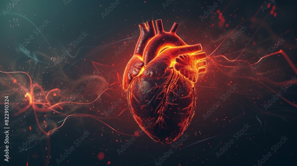 Obraz premium Realistic depiction of a beating heart with electrical impulses traveling through the cardiac conduction system, regulating heartbeat. Cardiology concept. World Blood Donor Day.