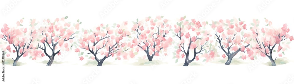 Fototapeta premium Beautiful row of cherry blossom trees in full bloom, displaying delicate pink petals on white background, perfect for spring-themed projects.