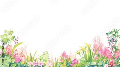 Colorful botanical border with various flowers and plants isolated on white background, perfect for nature designs and floral themes.