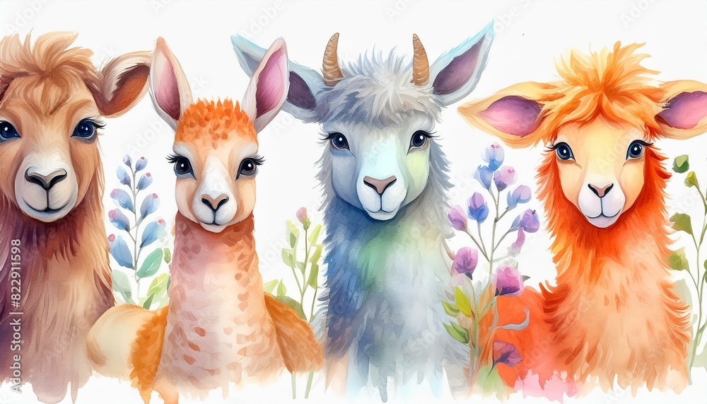 Set of watercolor cartoon farm animals - fluffy alpaca, goat, horse ...