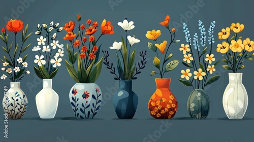 Collection of various abstract plants in geometric vases. Different types of flower bouquets vector illustration large set in cartoon groovy funky style. Spring, summer floral elements stickers bundle photo