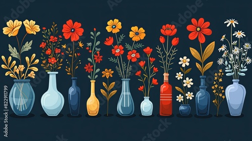 Collection of various abstract plants in geometric vases. Different types of flower bouquets vector illustration large set in cartoon groovy funky style. Spring, summer floral elements stickers bundle photo