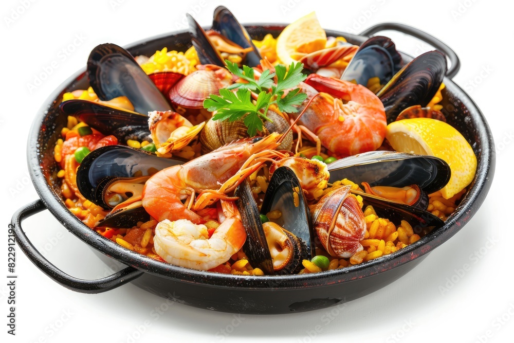 Traditional paella with seafood and saffron on a white background Traditional paella with seafood and saffron on a white background