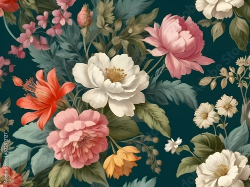 Art painting drawing colorful beautiful fantasy vintage wallpaper botanical flower leaves plant bunch. White red blue green dark orange pink purple floral garden digital background