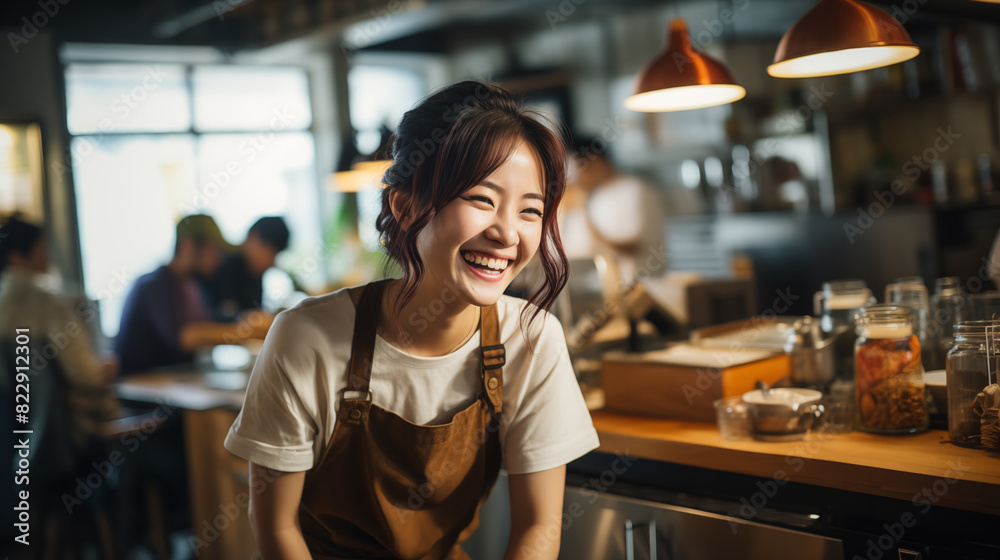 Barista Laughing in Busy Cafe. Barista laughing in a busy cafe, creating a lively and welcoming atmosphere for customers. Barista Laughing in Busy Cafe. Barista laughing in a busy cafe, creating a lively and welcoming atmosphere for customers.