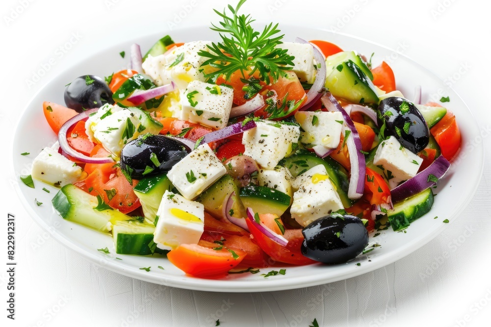 Traditional Greek salad with feta cheese and olives on a white background