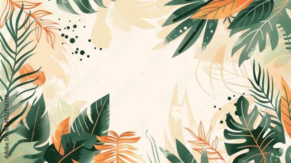 Abstract background with tropical leaves and abstract shapes in green, orange and beige colors on white space for text. Abstract background with tropical leaves and abstract shapes in green, orange and beige colors on white space for text.