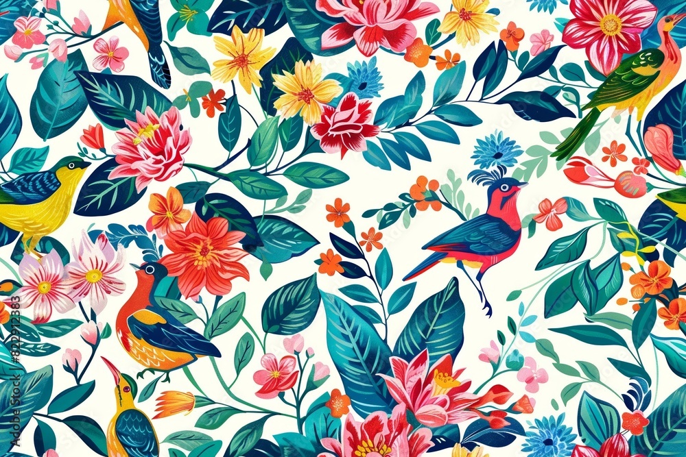Seamless pattern with colorful birds of paradise and blooming garden flowers. Seamless pattern with colorful birds of paradise and blooming garden flowers.