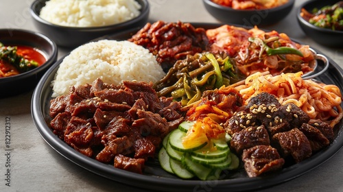 A mouthwatering spread of Korean-style barbecue, featuring tender bulgogi beef, spicy kimchi, pickled vegetables, and steamed rice, served with a side of savory japchae noodles. 