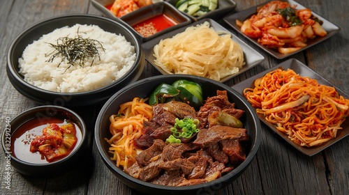 A mouthwatering spread of Korean-style barbecue, featuring tender bulgogi beef, spicy kimchi, pickled vegetables, and steamed rice, served with a side of savory japchae noodles
