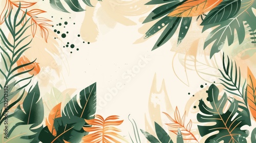 Abstract background with tropical leaves and abstract shapes in green, orange and beige colors on white space for text.