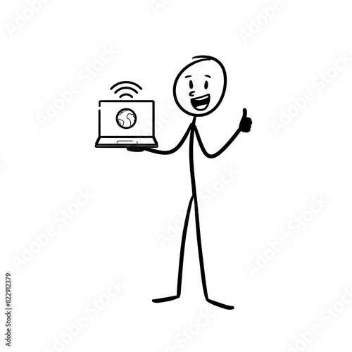 standing stick figure holding laptop in hand with thumbs up