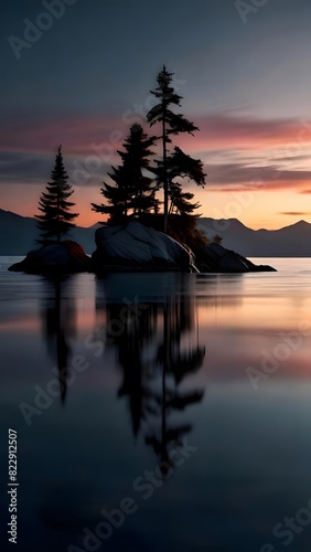 Rocky Island with Trees in Calm Lake © world best images