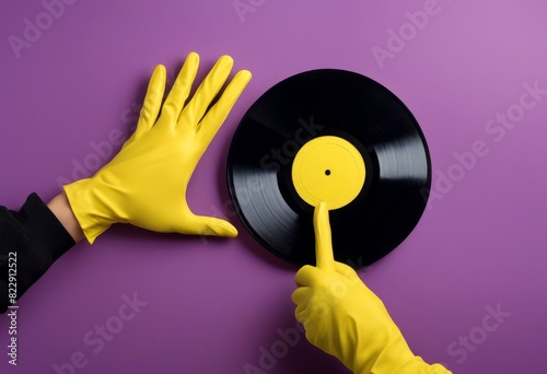 contemporary collage how background yellow glove sponge music modern design art housewifely clean vinyl black hands record concept sound make purple cleaning abstract advertisement photo