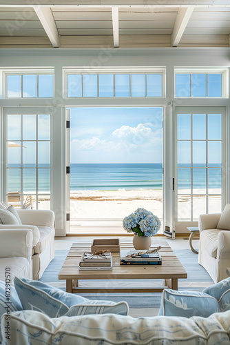 A living room with a large window overlooking the ocean
