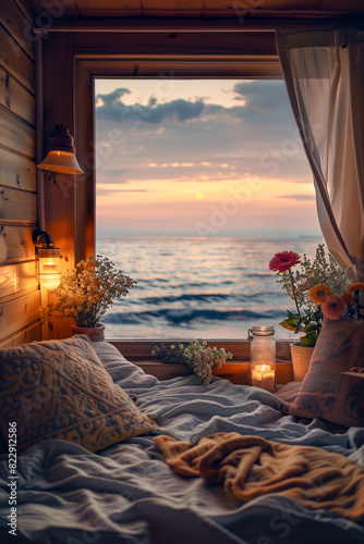 A bedroom with a window overlooking the ocean