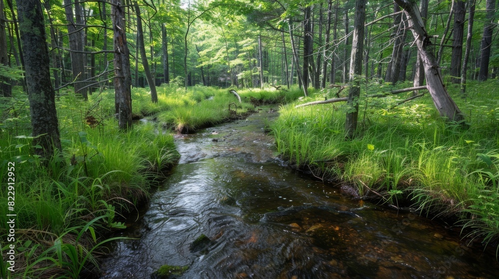 Fototapeta premium A small stream winds its way through the forest offering a tranquil soundtrack to the experience.