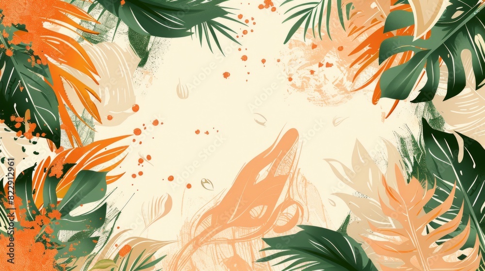 Abstract background with tropical leaves and abstract shapes in green, orange and beige colors on white space for text. Abstract background with tropical leaves and abstract shapes in green, orange and beige colors on white space for text.