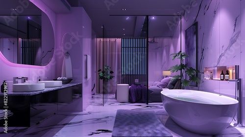 A serene spa-like ambiance exuding from a softly hued lavender bathroom, accented with tasteful touches of black d?(C)cor photo