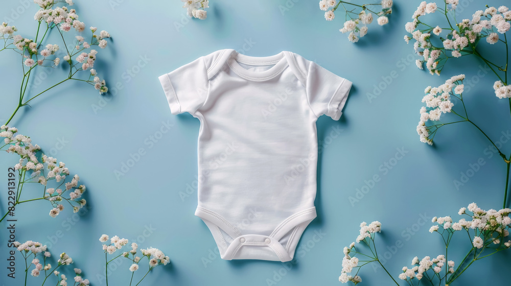 White cotton baby bodysuit on pastel blue background with small flowers. Advertising of gender neutral newborn short sleeve bodysuit template mock up. Infant onesie mockup, blank. Top view, flat lay White cotton baby bodysuit on pastel blue background with small flowers. Advertising of gender neutral newborn short sleeve bodysuit template mock up. Infant onesie mockup, blank. Top view, flat lay