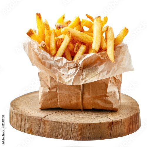 French fries in the package on the wood chopping block with sunshin isolated on white background ​ photo