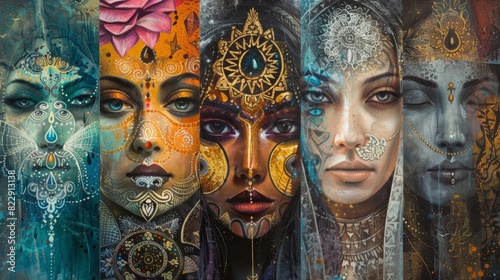 A series of paintings depicting goddesses from different cultures highlighting the universality of feminine energy and its enduring presence in human history.