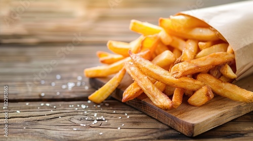 French fries in the package on the wood chopping block with sunshin​ photo