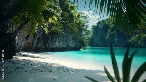 A secluded beach cove hidden beneath towering cliffs  with powdery white sands and crystalline turquoise waters lapping gently against the shore  framed by swaying palm trees 