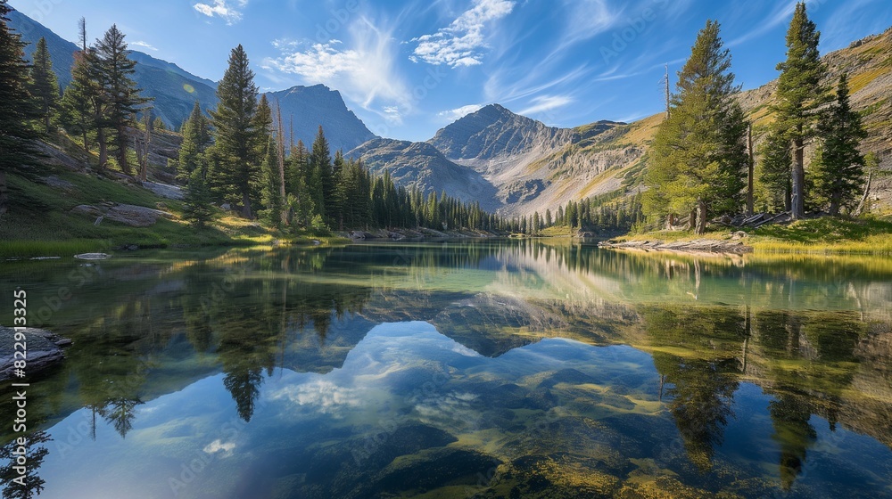 A serene mountain lake nestled among towering pine trees, with clear blue skies overhead and the rugged peaks of the surrounding mountains mirrored in its calm, glassy waters.