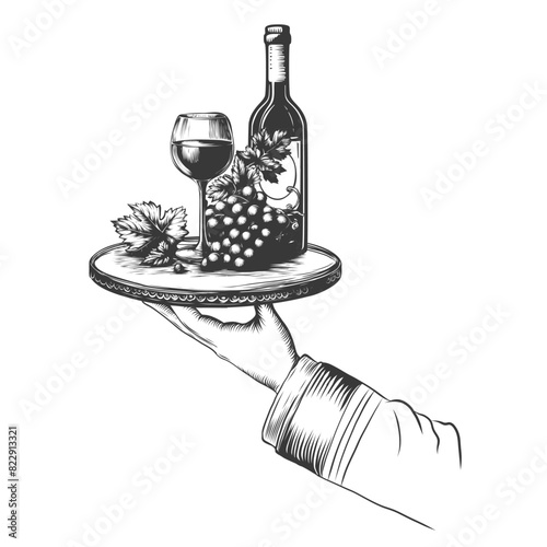 Waiter hand holding tray with wine bottle, grape and glass. Hand drawn Engraving vector illustration for wine tasting, restaurant, bar, happy hour. Vintage sketch