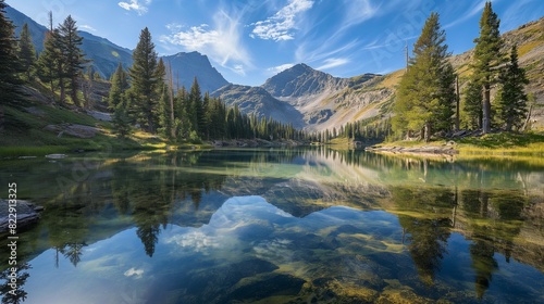 A serene mountain lake nestled among towering pine trees  with clear blue skies overhead and the rugged peaks of the surrounding mountains mirrored in its calm  glassy waters.