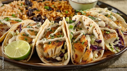 A tempting array of crispy fish tacos, featuring flaky white fish, crunchy cabbage slaw, tangy tartar sauce, and a squeeze of fresh lime, served alongside a side of seasoned rice and black beans. photo
